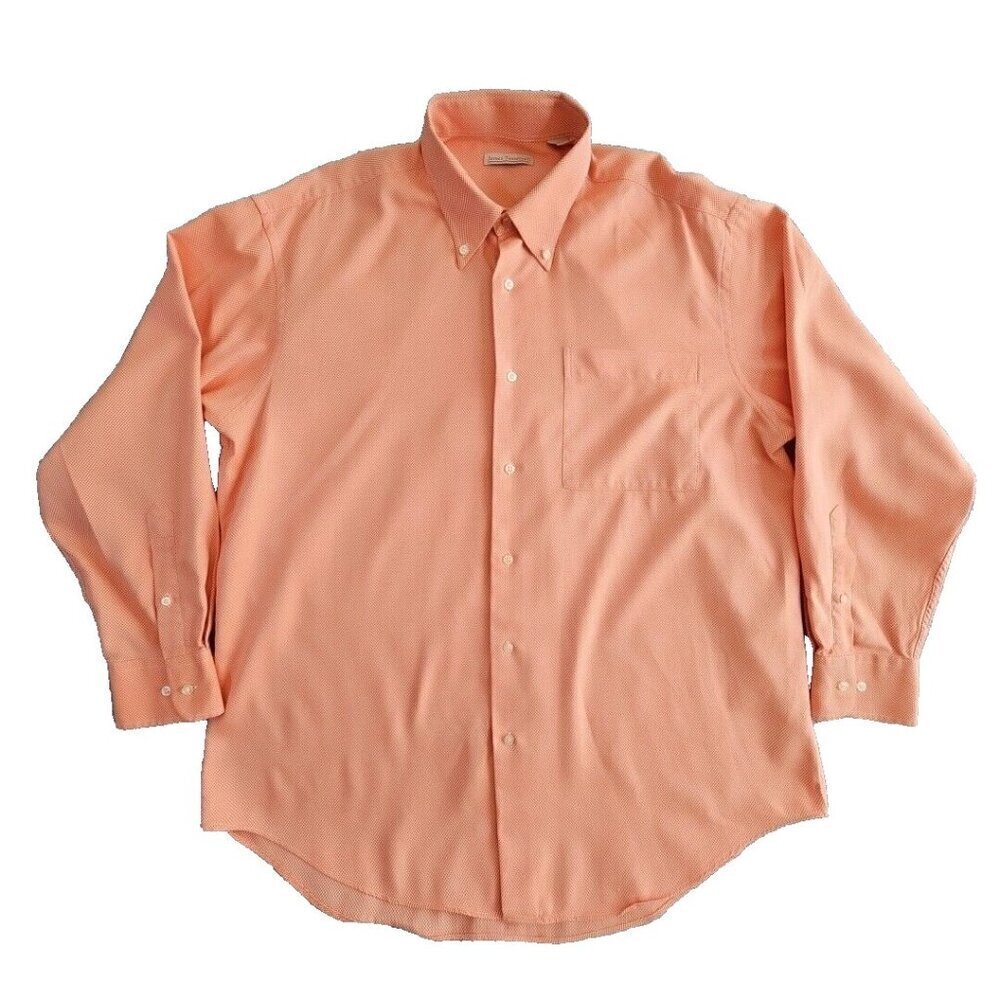 James Tattersall Shirt Men's Large Button Up Orange Seersucker Honeycomb‎ EUC